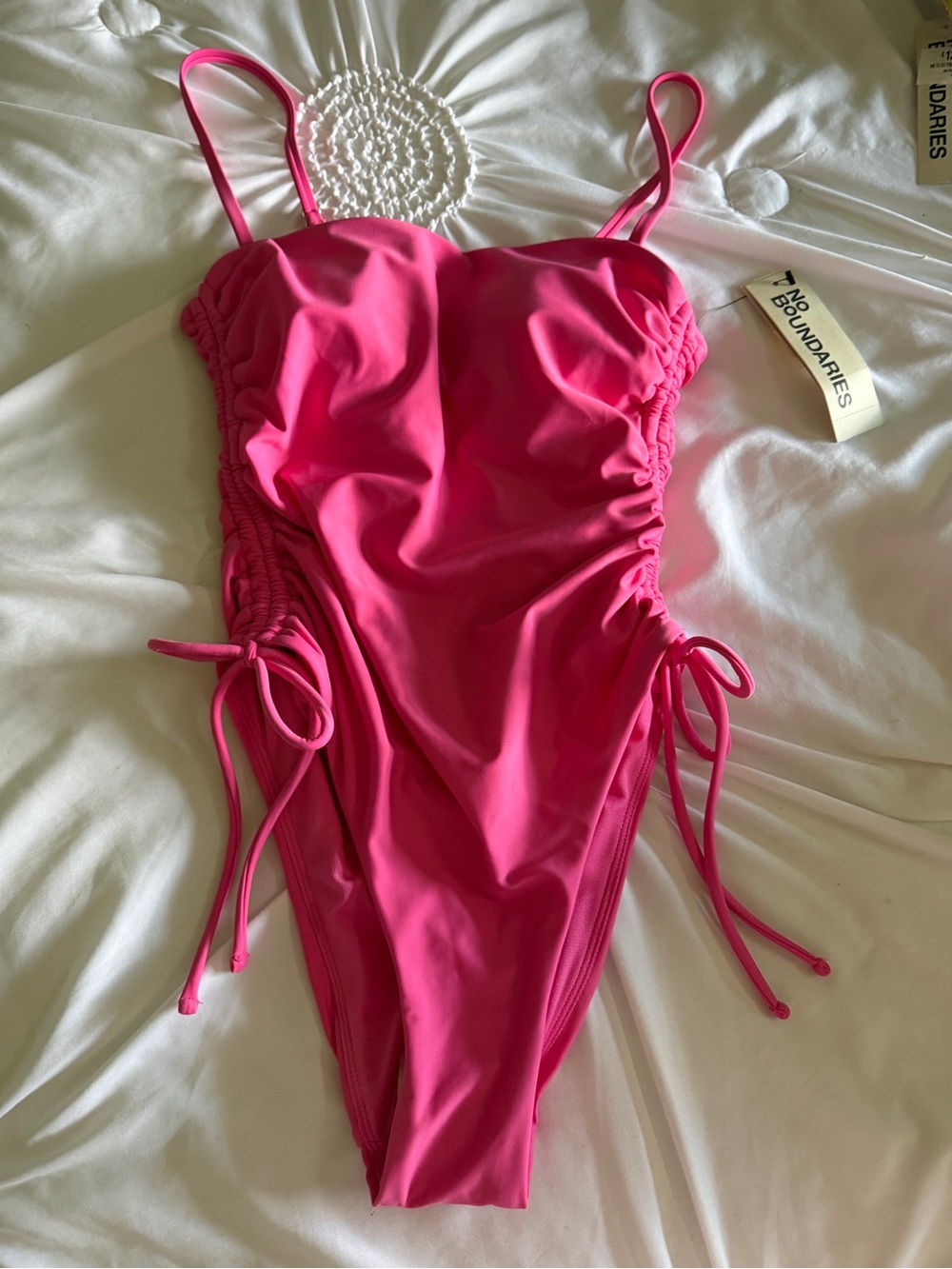 No Boundaries Women's Hot Pink Ruched One-Piece Swimsuit